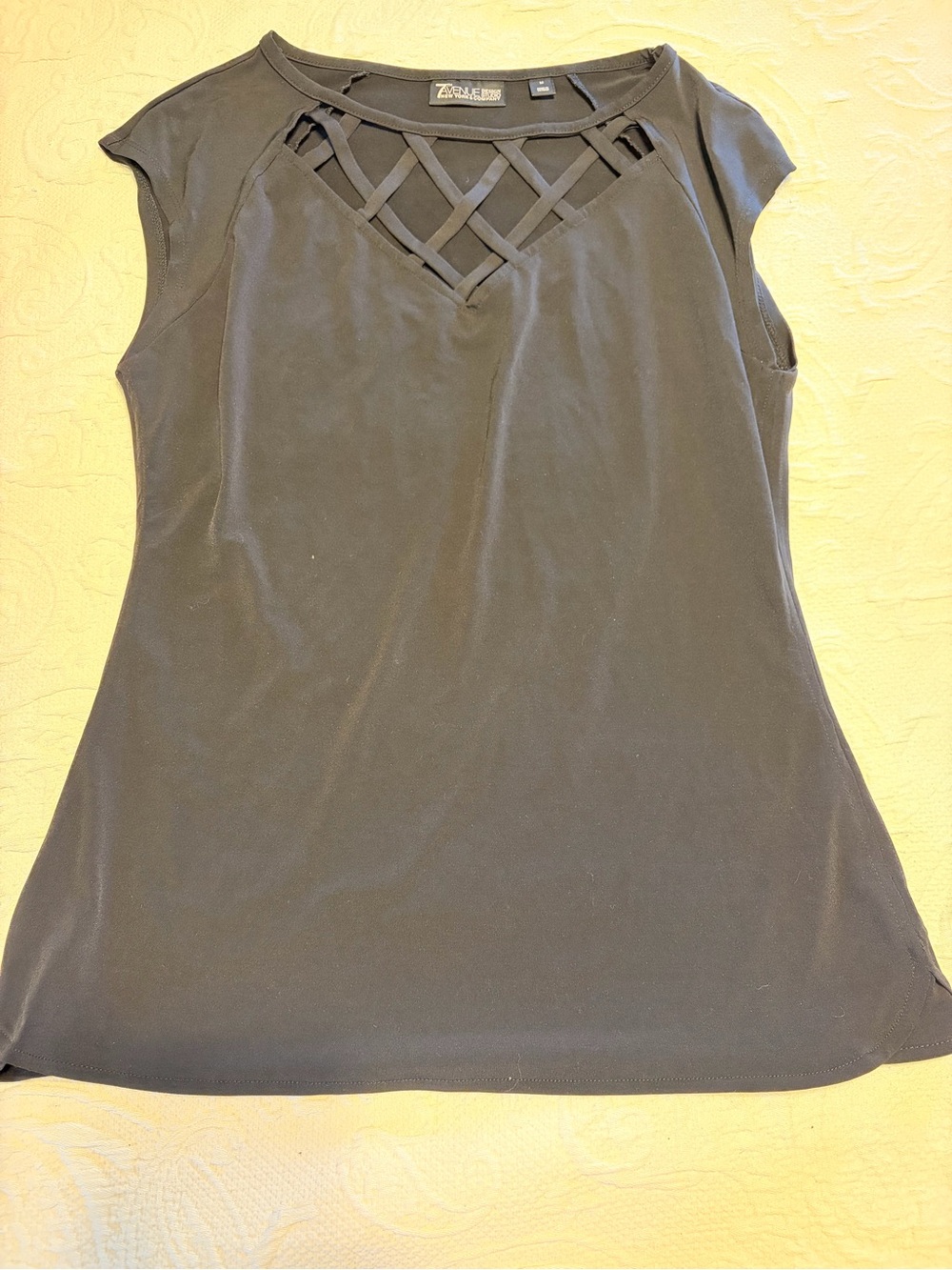 New York & Company Black Lattice-Front Cap Sleeve Top